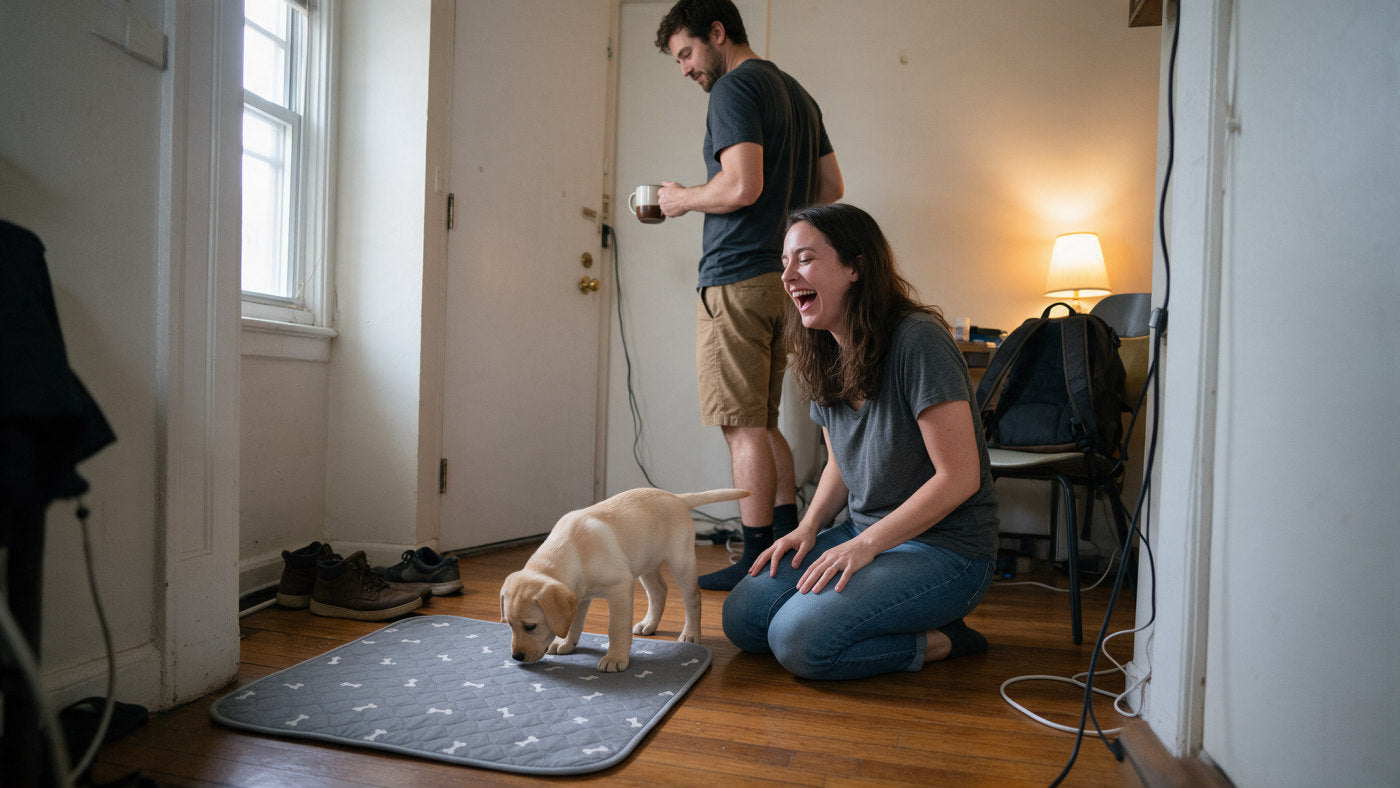Nate and Carly with their Labrador puppy sniffing the Milo Pad in their apartment