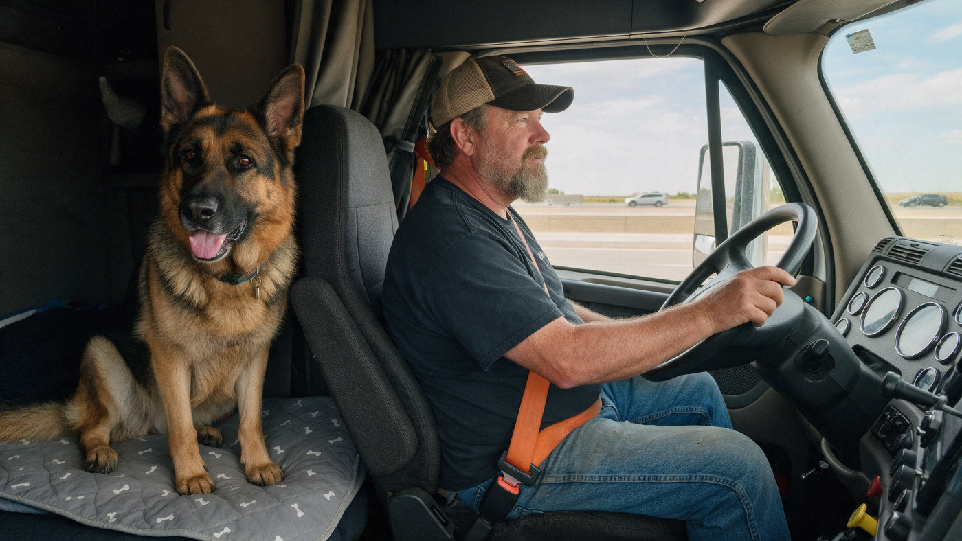 Hank R. driving his truck with his German shepherd on the Milo Pad on the passenger seat