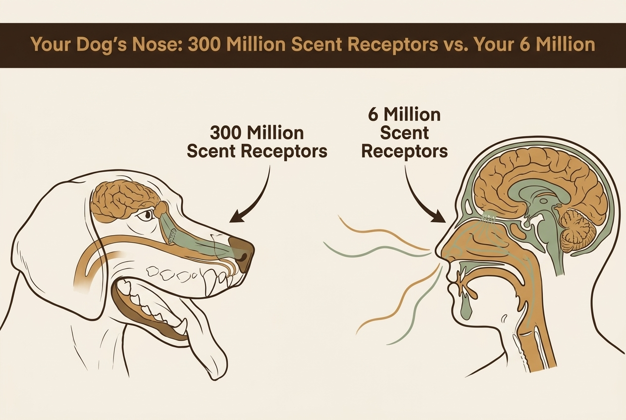 Diagram: a dog nose has 300 million scent receptors versus 6 million in humans