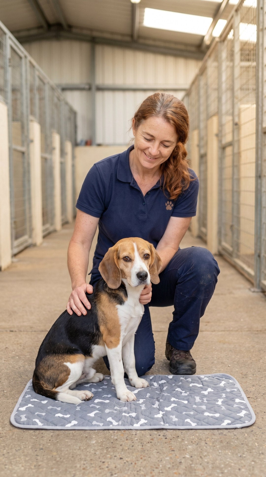 Dana with Milo, the beagle mix puppy, sitting on the Milo Pad in the rescue