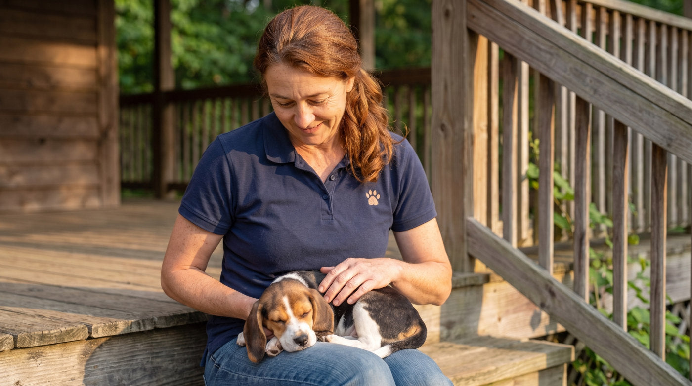 Dana Whitfield on her porch with Milo the beagle puppy asleep on her lap