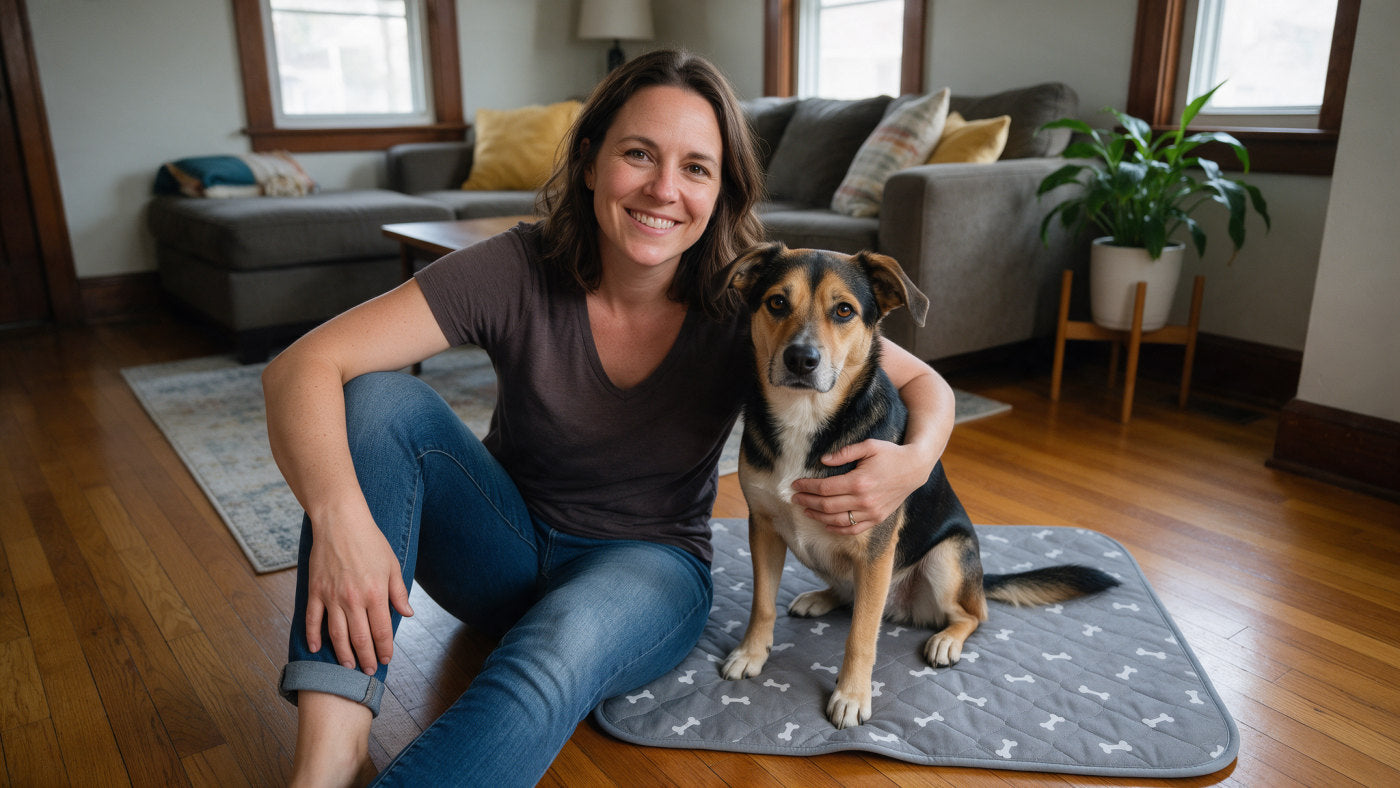 Grace H. from Columbus with her rescue dog sitting on the Milo Pad
