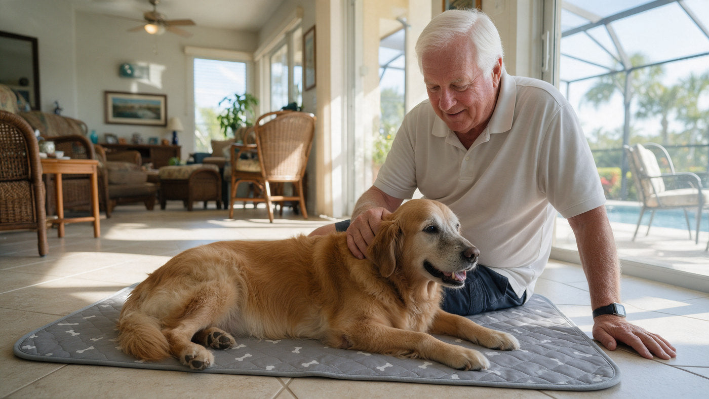 Walter P. petting his senior golden retriever lying on the Milo Pad