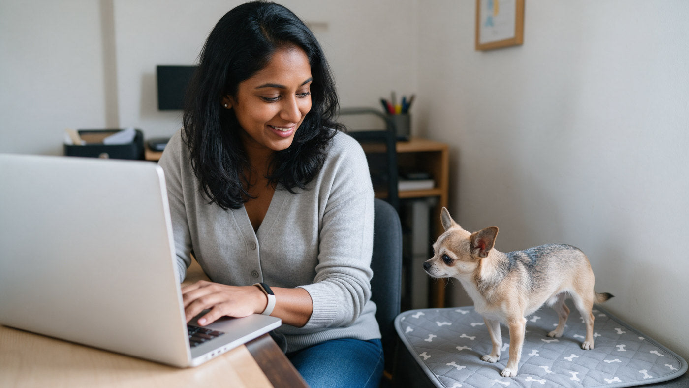Asha V. working from home with her chihuahua standing on the Milo Pad