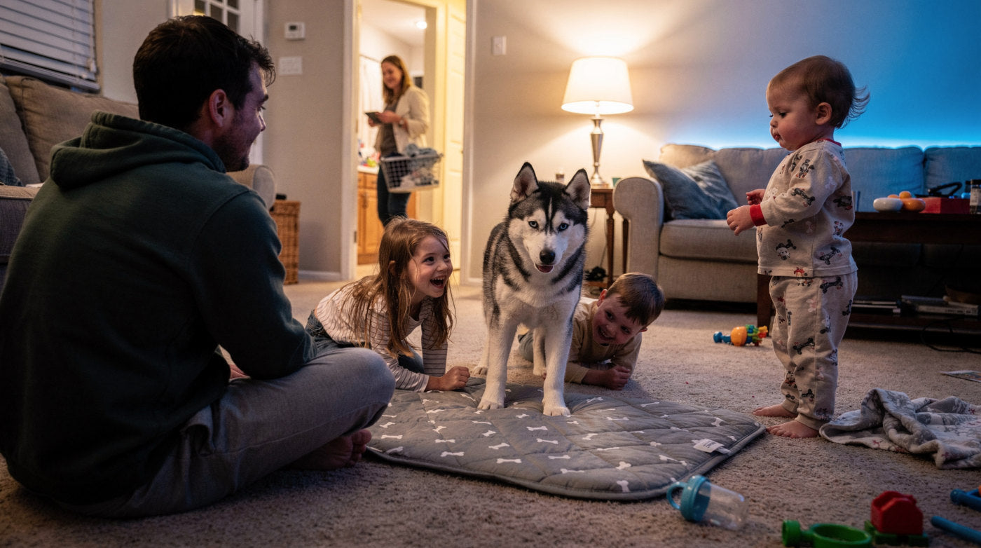 The Calloway family with their husky on the Milo Pad in the living room
