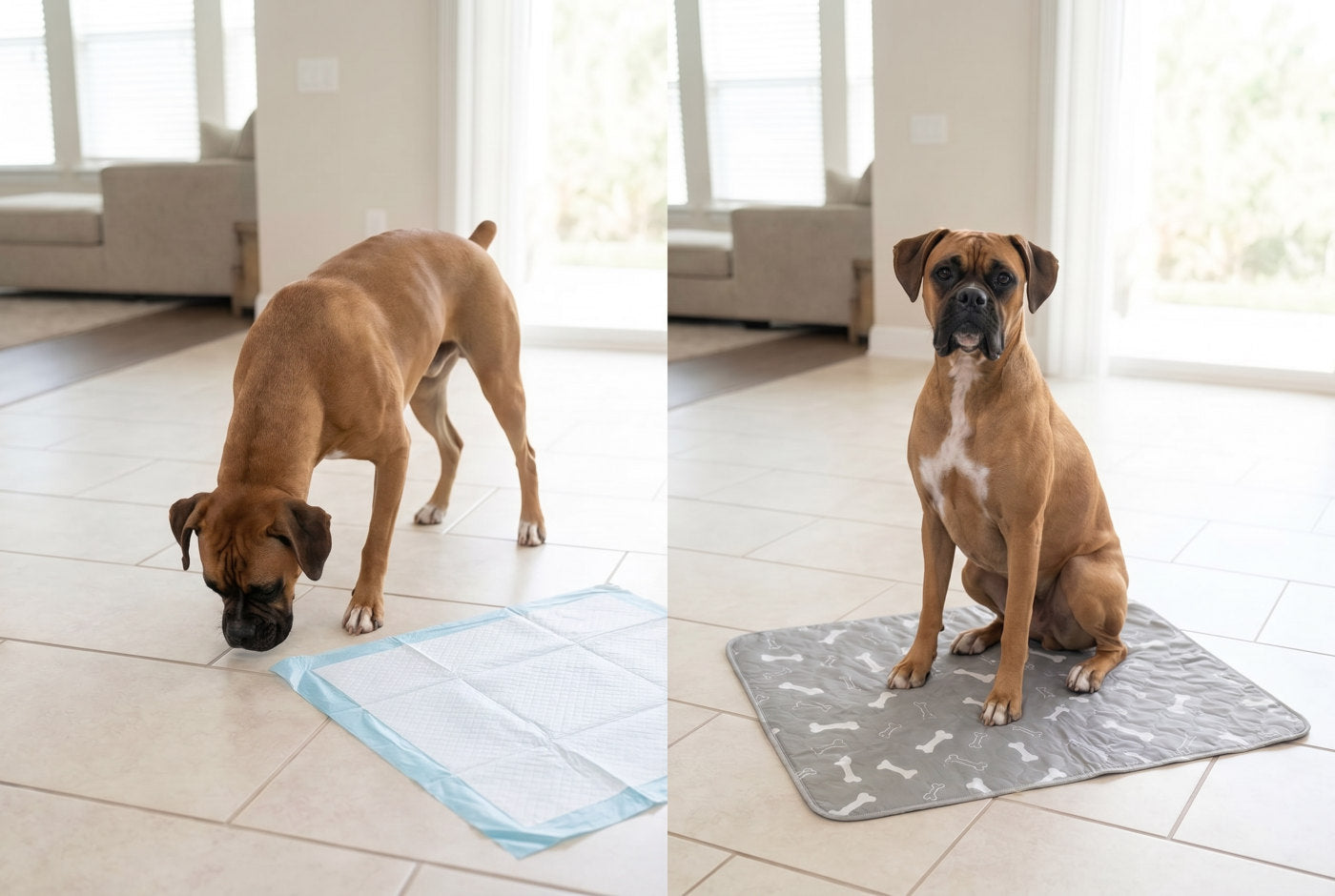 Boxer ignoring a disposable pad next to a boxer sitting on the Milo Pad