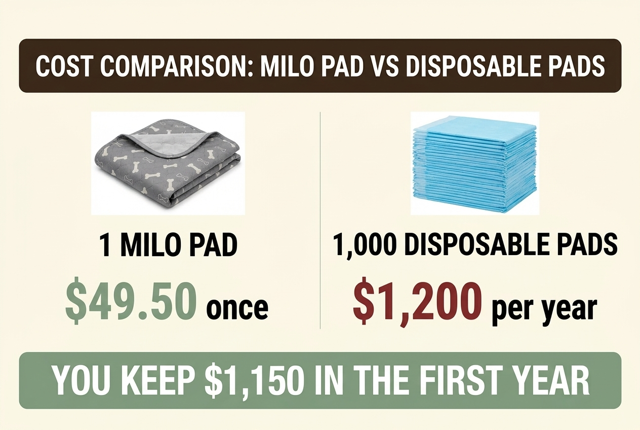 An infographic comparing the cost of disposable pads to a reusable pup pad, showing significant yearly savings.