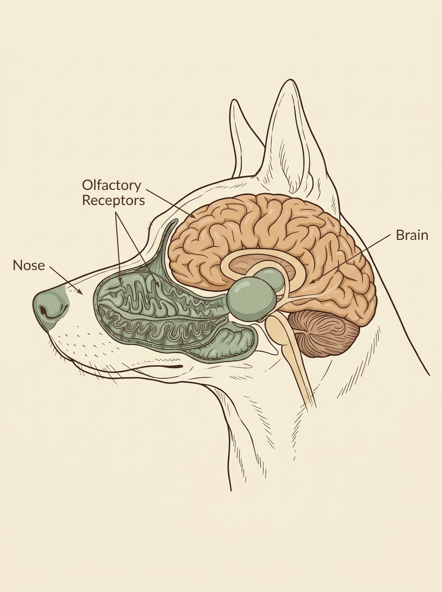 Illustration of a dog following a scent cue to the pad