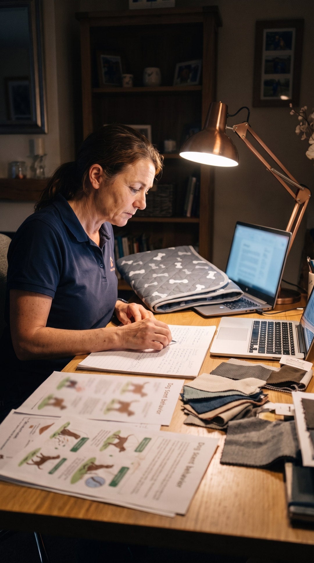 Dana Whitfield researching canine scent behavior at night with a folded Milo Pad on the desk