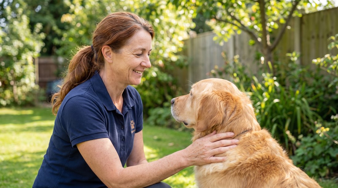 Dana Whitfield with a golden retriever in the garden