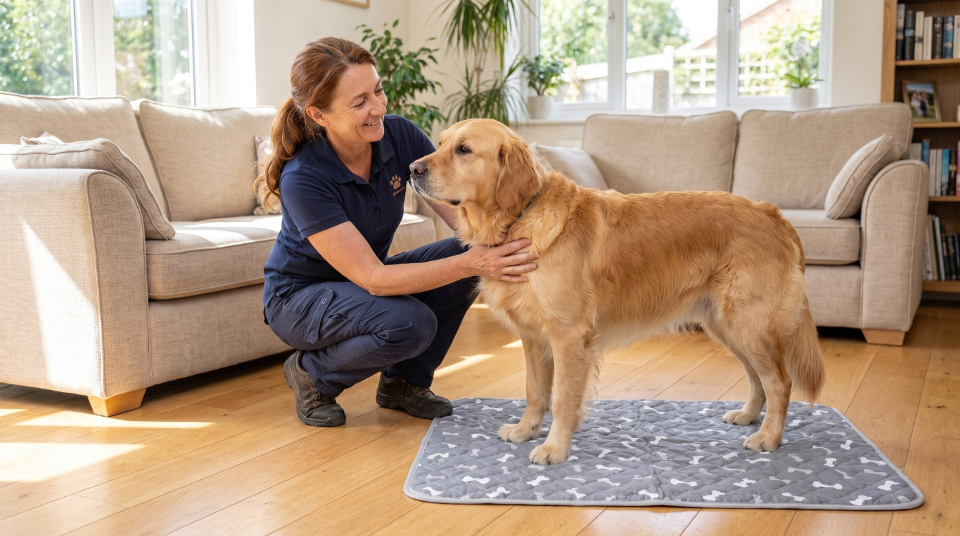 Dana Whitfield at home with a golden retriever standing on the Milo Pad