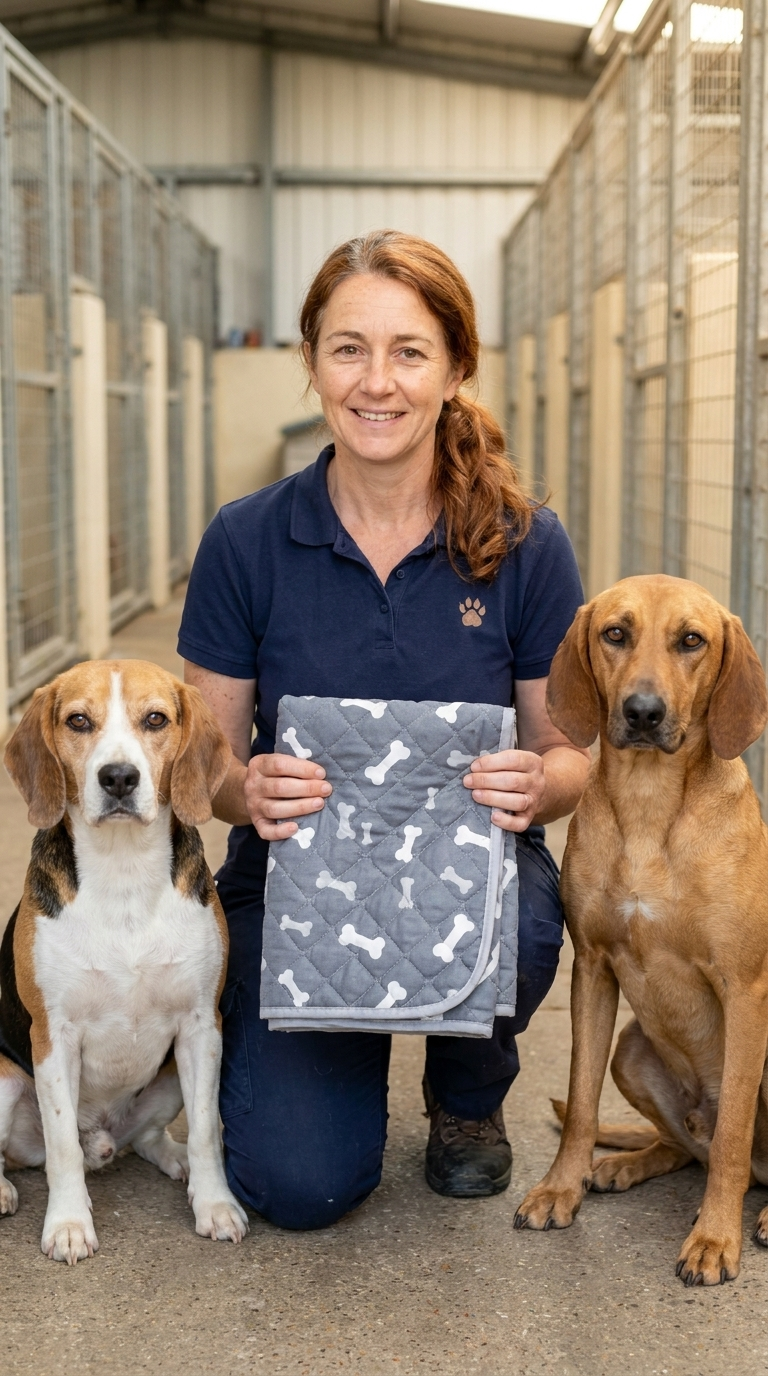 Dana Whitfield holding the Milo Pad in the rescue kennel aisle with a beagle and a golden retriever