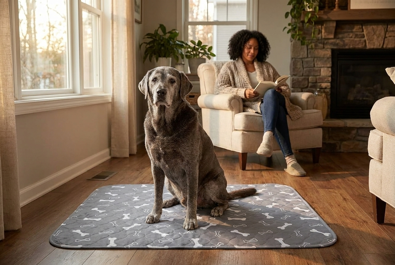 Dog relaxing on the Milo Pad washable pee pad at home