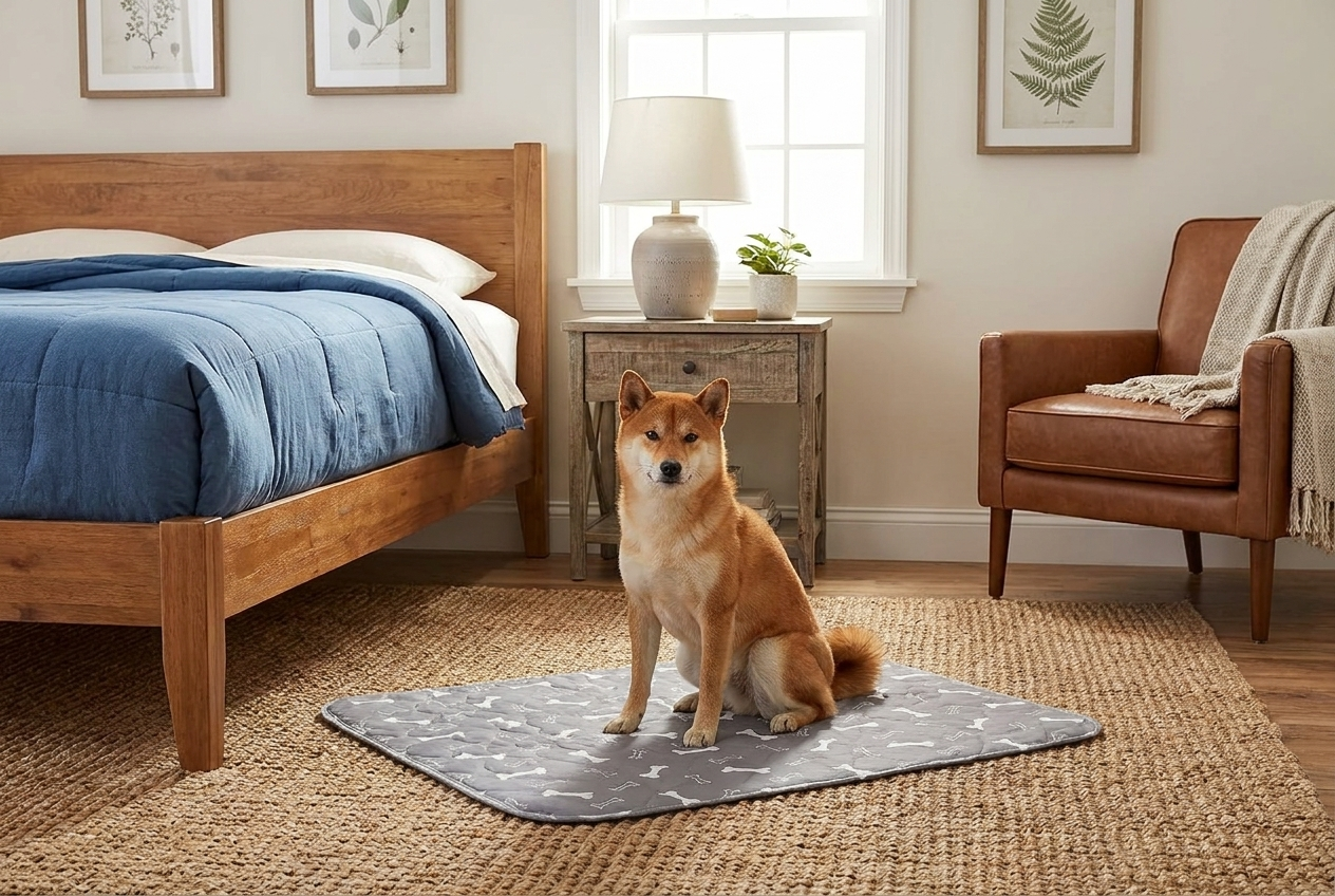 Dog relaxing on the Milo Pad washable pee pad at home