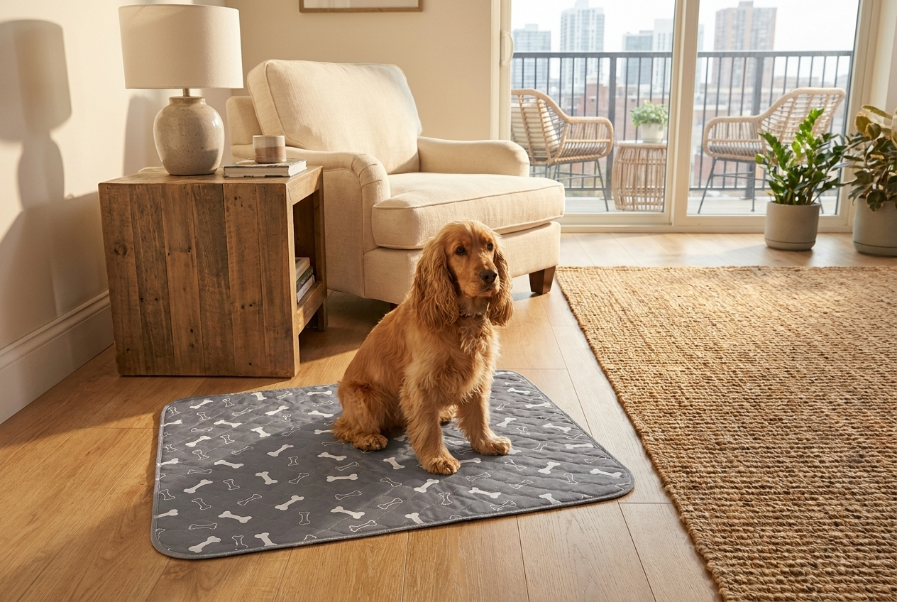 Dog relaxing on the Milo Pad washable pee pad at home